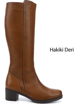 GÖNDERİ Kadın Taba Antik  Fermuarlı Kalın Topuklu Hakiki Deri Çizme