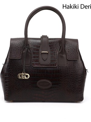 GÖNDERİ Kadın Kroko Kahve  Hakiki Deri El ve Omuz Çantası