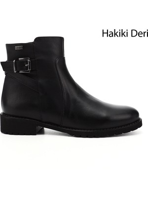 GÖNDERİ Kadın Siyah  Fermuarlı Kauçuk Taban Hakiki Deri Bot