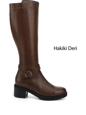 GÖNDERİ Kadın Kahve Antik  Fermuarlı Kalın Topuklu Hakiki Deri Çizme
