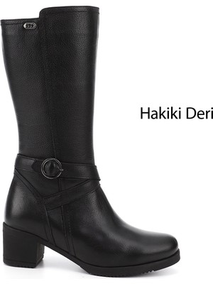 Gönderi(r) Kadın Siyah Floter Fermuarlı Kalın Topuklu Hakiki Deri Çizme
