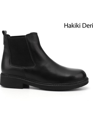 Gönderi® Kadın Siyah Kauçuk Taban Hakiki Deri Chelsea Bot