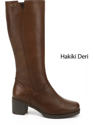 GÖNDERİ Kadın Kahve Antik  Fermuarlı Kalın Topuklu Hakiki Deri Çizme