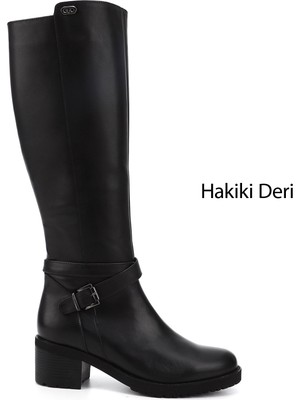 GÖNDERİ Kadın Siyah  Fermuarlı Kalın Topuklu Hakiki Deri Çizme