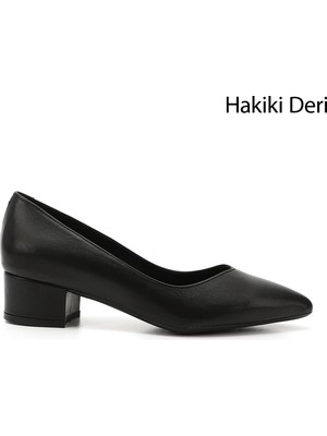 GÖNDERİ Kadın Siyah  Kısa Kalın Topuklu Hakiki Deri Ayakkabı