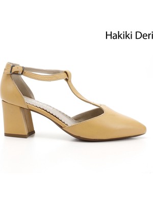 GÖNDERİ Kadın Hardal  Bilekten Bağlı Orta Topuklu Hakiki Deri Ayakkabı