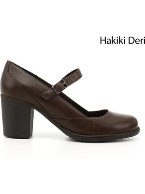 GÖNDERİ Kadın Kahve Antik  Kalın Topuklu Mary Jane Hakiki Deri Ayakkabı