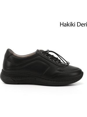 GÖNDERİ Kadın Siyah  Bağcıklı Dolgu Taban Hakiki Deri Sneaker