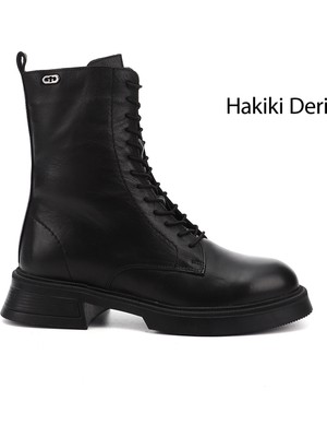 Gönderi(r) Kadın Siyah Fermuarlı Kalın Taban Hakiki Deri Postal Bot