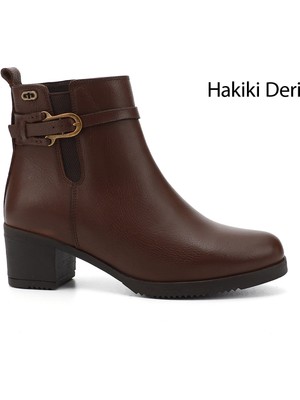GÖNDERİ Kadın Kahve  Fermuarlı Kalın Topuklu Hakiki Deri Bot
