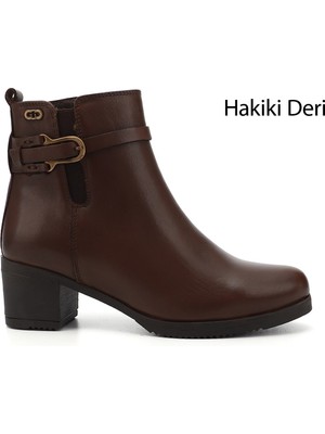 GÖNDERİ Kadın Kahve Antik  Fermuarlı Kalın Topuklu Hakiki Deri Bot