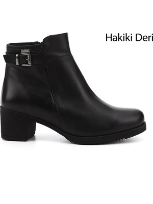 GÖNDERİ Kadın Siyah  Fermuarlı Kalın Topuklu Hakiki Deri Bot