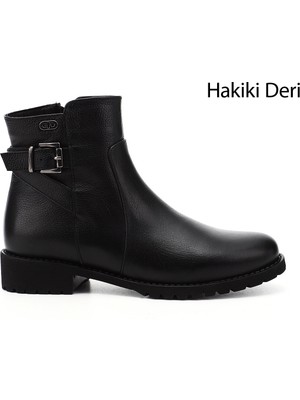 GÖNDERİ Kadın Siyah Floter  Fermuarlı Kauçuk Taban Hakiki Deri Bot