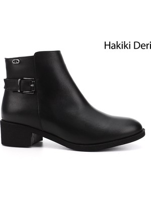 GÖNDERİ Kadın Siyah  Fermuarlı Kalın Topuklu Hakiki Deri Bot