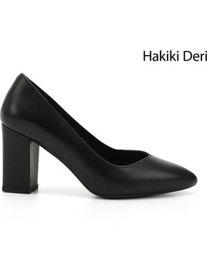 GÖNDERİ Kadın Siyah  Sivri Burun Yüksek Kalın Topuklu Hakiki Deri Ayakkabı