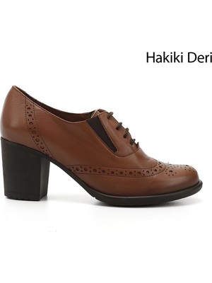 GÖNDERİ Kadın Taba Antik  Bağcıklı Orta Kalın Topuklu Hakiki Deri Oxford Ayakkabı