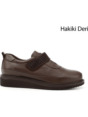 Kadın Kahve Dolgu Taban Taş Detaylı Hakiki Deri Ayakkabı