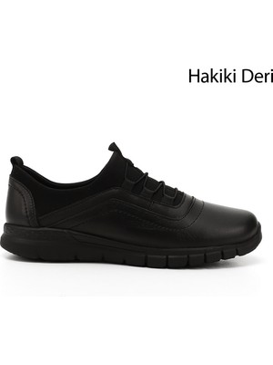 GÖNDERİ Kadın Siyah  Lastik Bağcıklı Hakiki Deri Comfort Sneaker