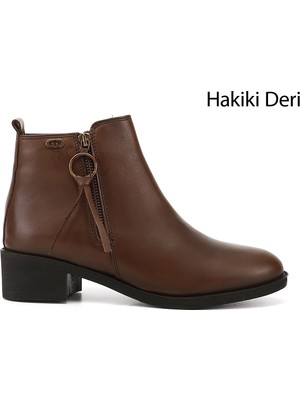 GÖNDERİ Kadın Kahve Antik  Fermuarlı Kalın Topuklu Fermuarlı Hakiki Deri Bot