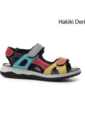 GÖNDERİ Kadın Gökkuşağı  Cırt Bantlı Dolgu Topuk Hakiki Deri Comfort Sandalet