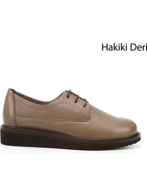 Gönderi® Kadın Vizon Antik Bağcıklı Dolgu Taban Hakiki Deri Ayakkabı