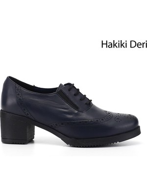 GÖNDERİ Kadın Lacivert  Bağcıklı Orta Kalın Topuklu Hakiki Deri Oxford Ayakkabı