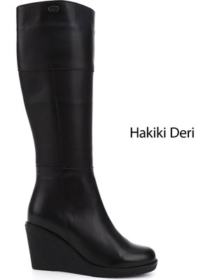 GÖNDERİ Kadın Siyah  Fermuarlı Dolgu Topuklu Hakiki Deri Çizme