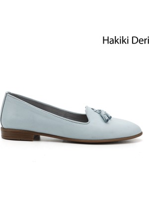 GÖNDERİ Kadın Antik Mavi  Hakiki Deri Püsküllü Babet