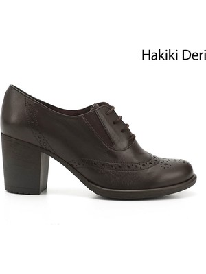 GÖNDERİ Kadın Kahve Antik  Bağcıklı Orta Kalın Topuklu Hakiki Deri Oxford Ayakkabı