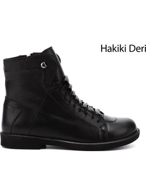 GÖNDERİ Kadın Siyah  Fermuarlı Kauçuk Taban Hakiki Deri Bot
