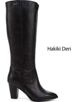 GÖNDERİ Kadın Siyah Sivri Burun Kalın Topuklu Hakiki Deri Çizme