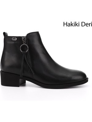 GÖNDERİ Kadın Siyah  Fermuarlı Kalın Topuklu Fermuarlı Hakiki Deri Bot