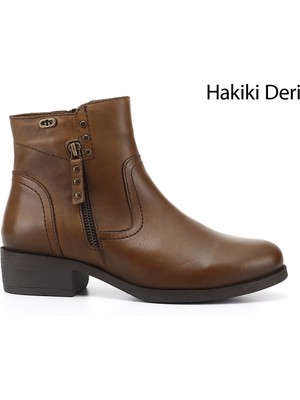 Gönderi® Kadın Taba Antik Çift Fermuarlı Kauçuk Taban Hakiki Deri Bot