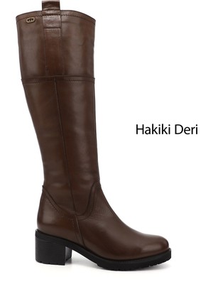 Gönderi(r) Kadın Kahve Antik Fermuarlı Kalın Topuklu Hakiki Deri Çizme