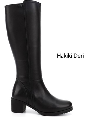 GÖNDERİ Kadın Siyah  Fermuarlı Kalın Topuklu Hakiki Deri Çizme