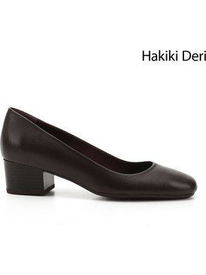 GÖNDERİ Kadın Kahve Antik  Kısa Kalın Topuklu Hakiki Deri Ayakkabı