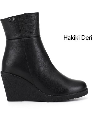 GÖNDERİ Kadın Siyah Floter  Fermuarlı Dolgu Topuklu Hakiki Deri Bot