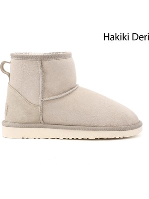 GÖNDERİ Kadın Bej Nubuk - Kahve Deri  Kısa Hakiki Deri Kürklü Bot