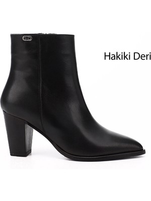 GÖNDERİ Kadın Siyah  Fermuarlı Sivri Burun Hakiki Deri Bot