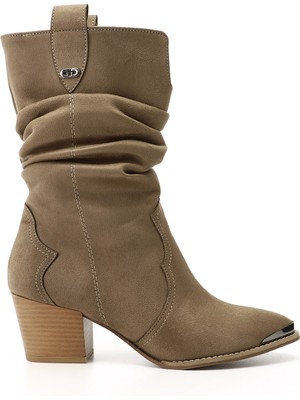 GÖNDERİ Kadın Vizon Süet  Sivri Burun Kalın Topuklu Kovboy Çizme