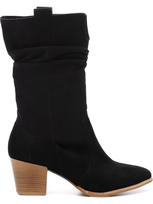 GÖNDERİ Kadın Siyah Süet  Sivri Burun Kalın Topuklu Kovboy Çizme