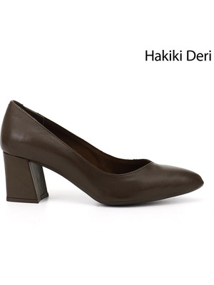 Gönderi(r) Kadın Kahve Antik Sivri Burun Orta Kalın Topuklu Hakiki Deri Ayakkabı