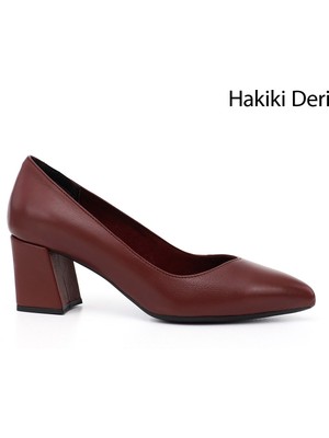 Gön Hakiki Deri Sivri Burun Orta Kalın Topuklu Kadın Ayakkabı 24170