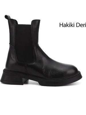 GÖNDERİ Kadın Siyah Kalın Taban Hakiki Deri Chelsea Bot