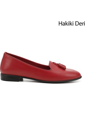 GÖNDERİ Kadın Antik Kırmızı  Hakiki Deri Püsküllü Babet