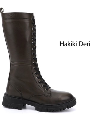 GÖNDERİ Kadın   Fermuarlı Kalın Topuklu Hakiki Deri Postal Çizme