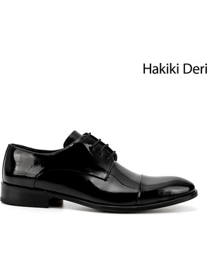 GÖNDERİ Erkek Siyah Rugan  Bağcıklı Kösele Taban Hakiki Deri Klasik Ayakkabı