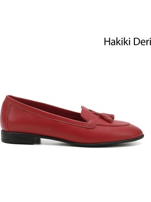 GÖNDERİ Kadın Antik Kırmızı  Püsküllü Hakiki Deri Babet