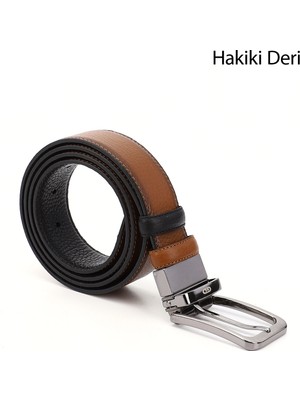 Gönderi(r) Erkek Siyah - Taba  Hakiki Deri 3,5 Cm Çift Taraflı Klasik Kemer