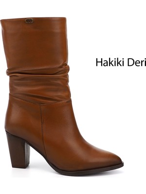 Gönderi® Kadın Taba Antik Sivri Burun Körüklü Kalın Topuklu Hakiki Deri Çizme